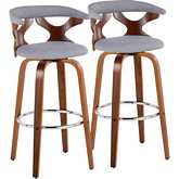 Gardenia 30" Swivel Bar Stool in Walnut Wood & Light Grey Fabric with Chrome Footrest (Set of 2)